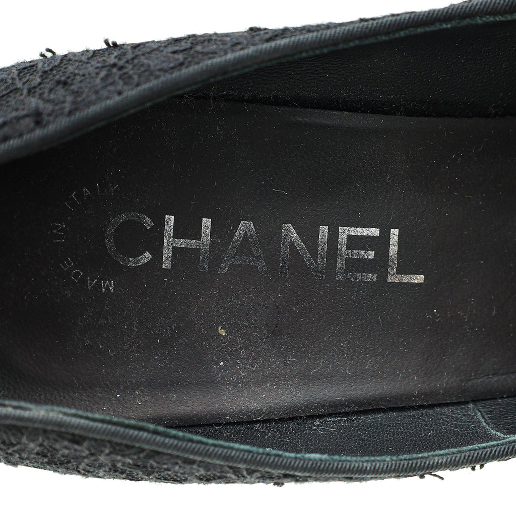 Chanel Black CC Cap Toe Camellia Flower Pointed Lace Pump 41