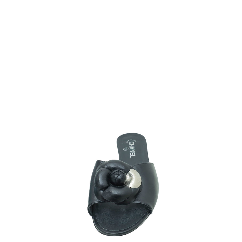 Chanel Black CC Camellia Flower Slide Flat Sandal 41