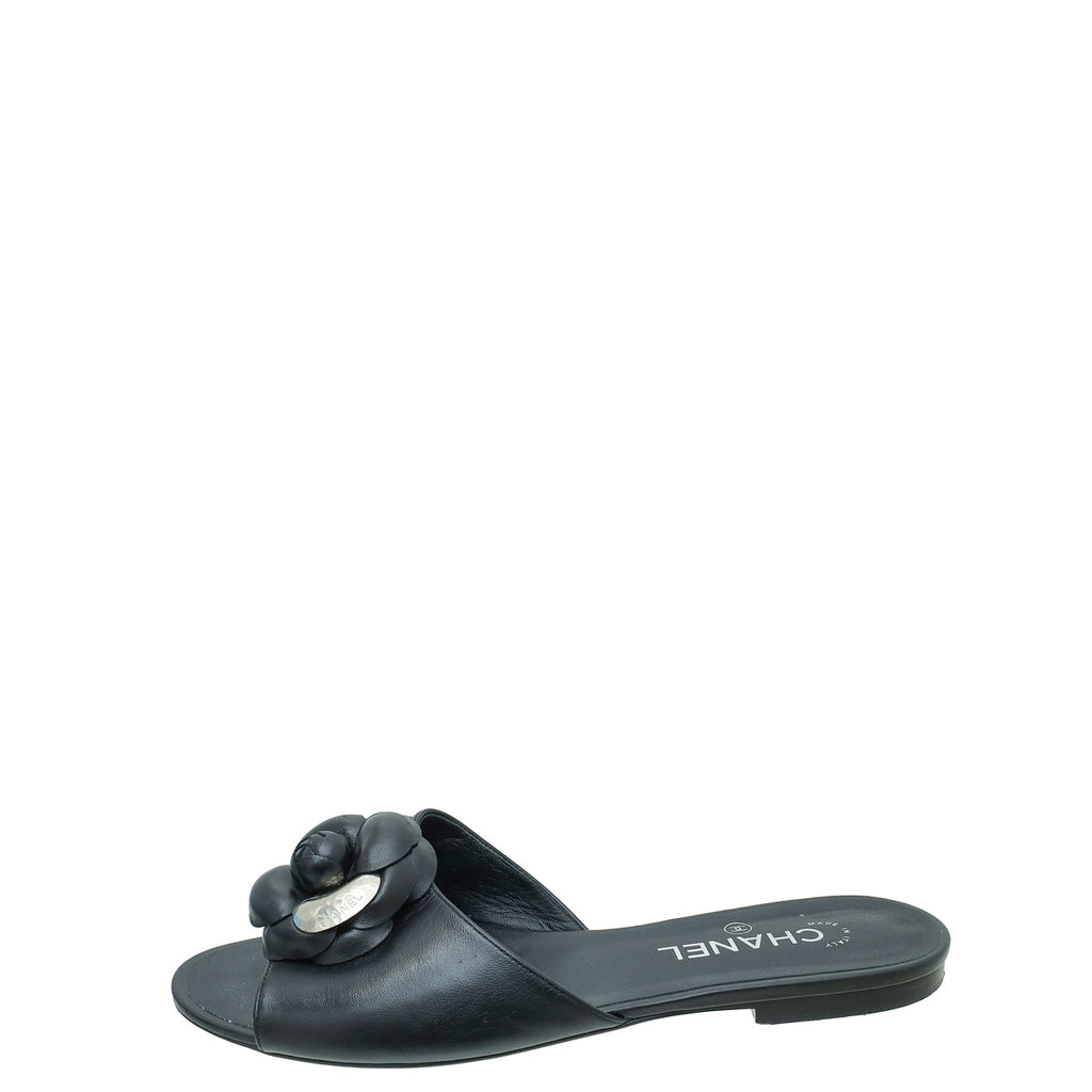 Chanel Black CC Camellia Flower Slide Flat Sandal 41
