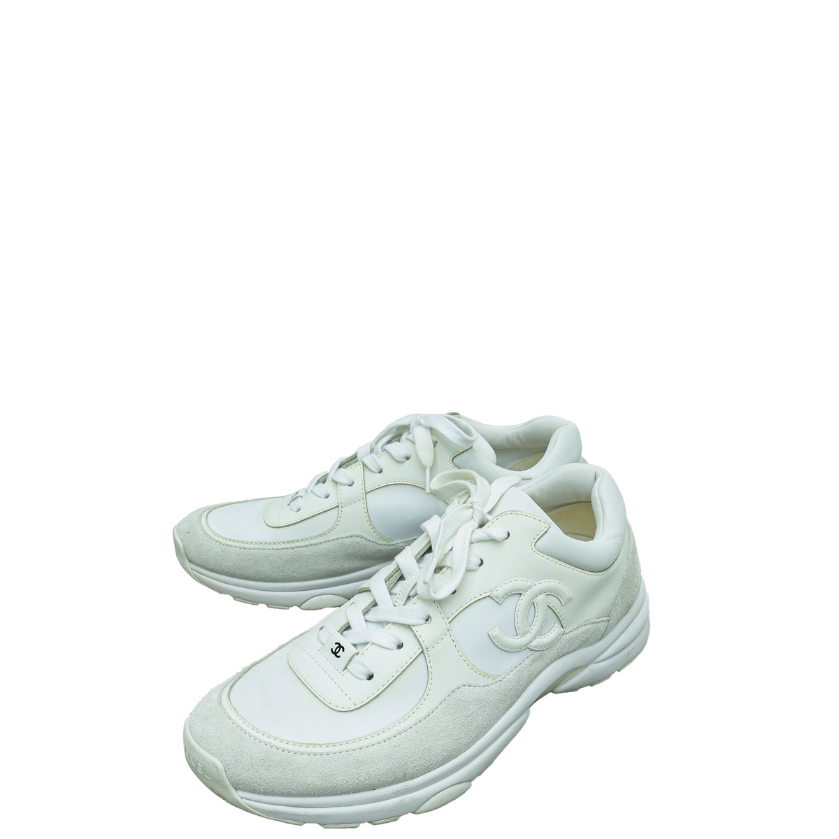 Chanel White CC Suede and Nylon Lace Up Sneakers 42