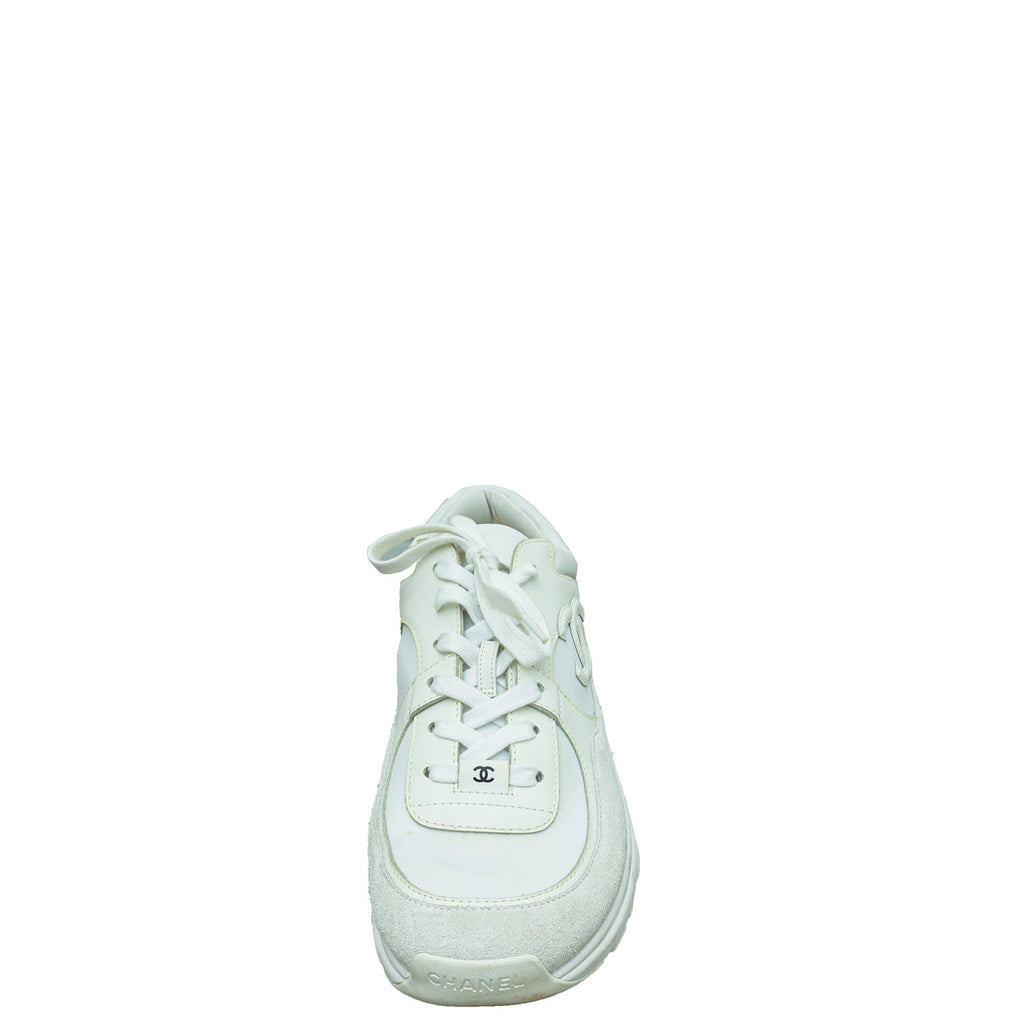 Chanel White CC Suede and Nylon Lace Up Sneakers 42