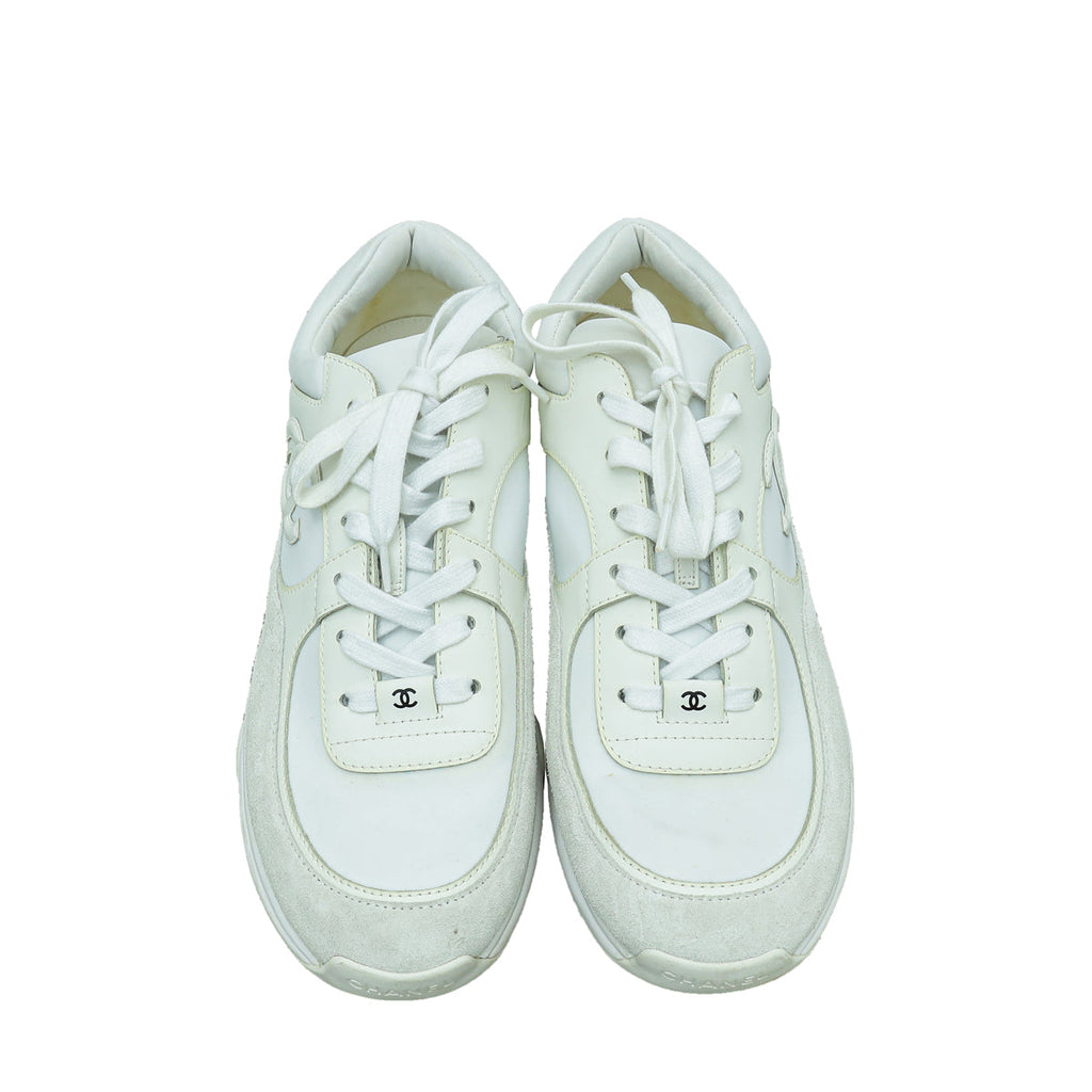 Chanel White CC Suede and Nylon Lace Up Sneakers 42