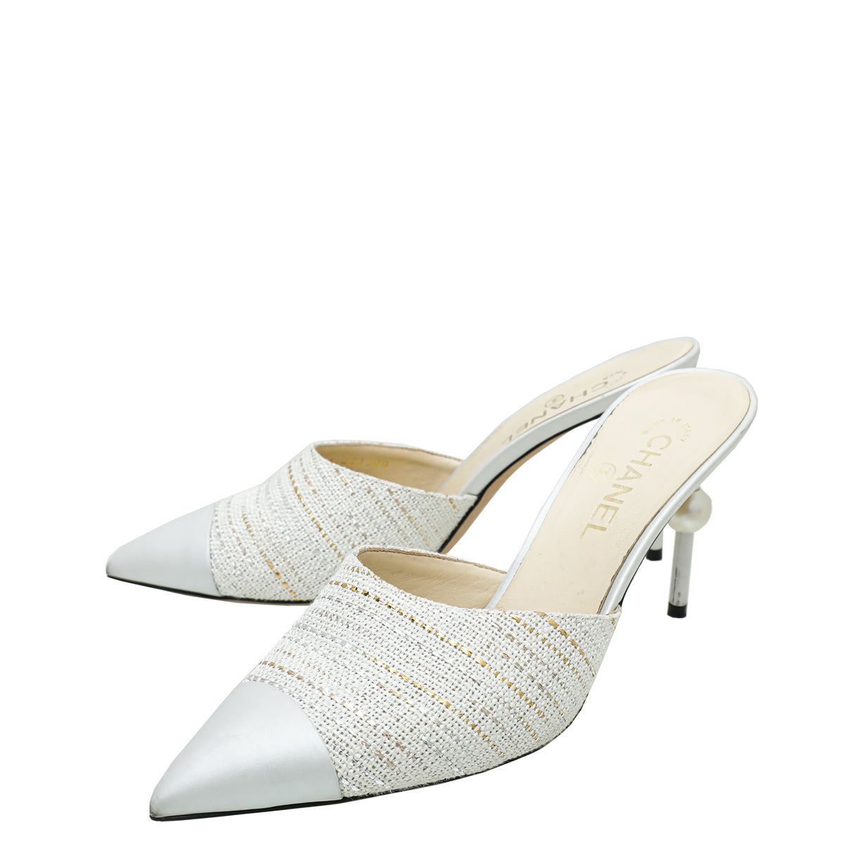 Chanel Light Silver CC Tweed Cap Toe Pearl Heel Mules 42