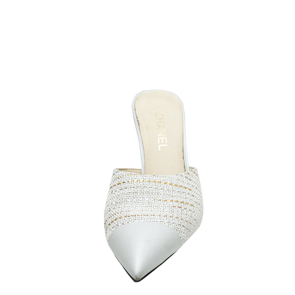 Chanel Light Silver CC Tweed Cap Toe Pearl Heel Mules 42