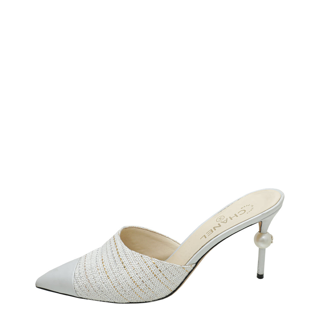 Chanel Light Silver CC Tweed Cap Toe Pearl Heel Mules 42