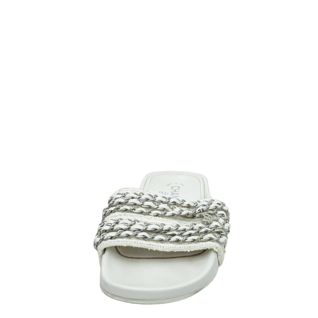 Chanel White Satin CC Charm Chain Slide Sandal 37