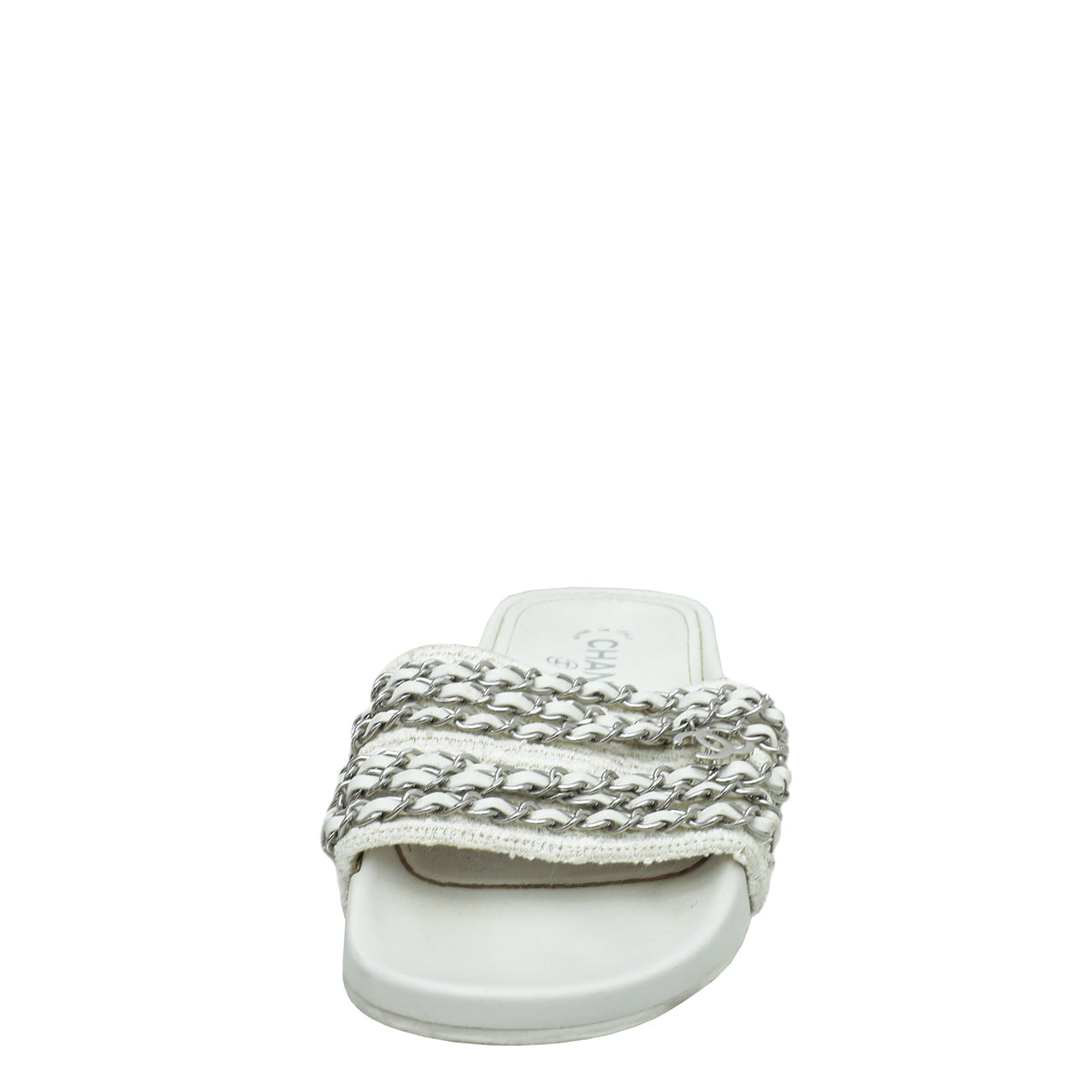 Chanel White Satin CC Charm Chain Slide Sandal 37