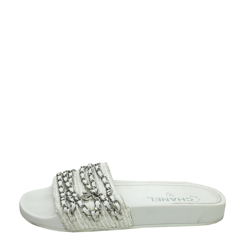 Chanel White Satin CC Charm Chain Slide Sandal 37