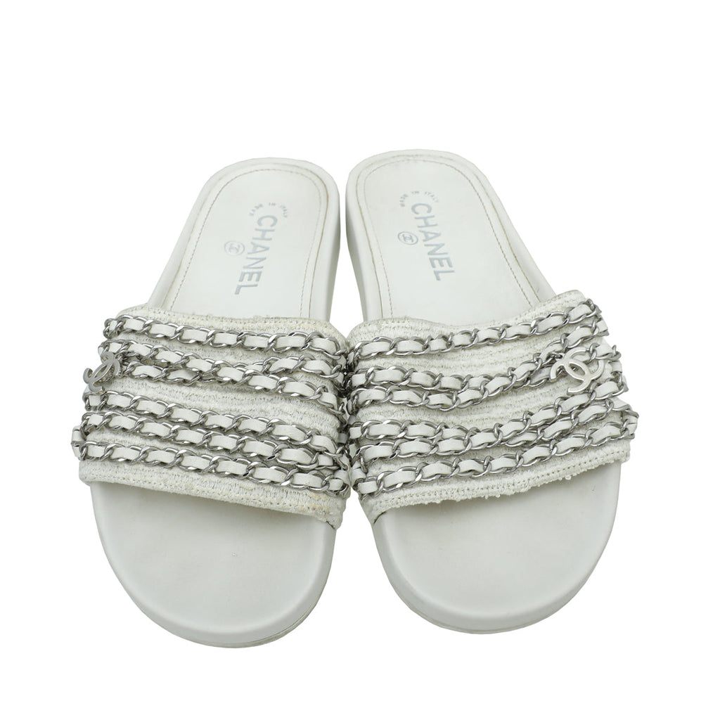 Chanel White Satin CC Charm Chain Slide Sandal 37