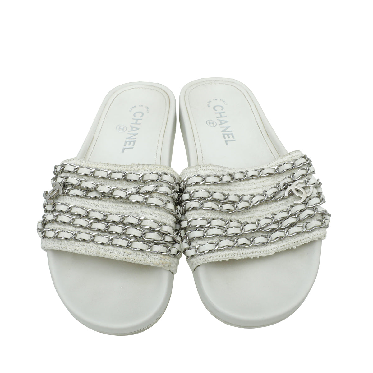 Chanel White Satin CC Charm Chain Slide Sandal 37
