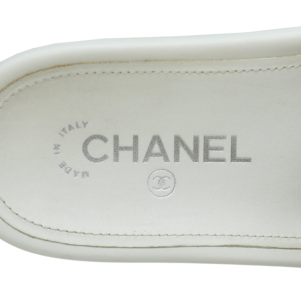 Chanel White Satin CC Charm Chain Slide Sandal 37