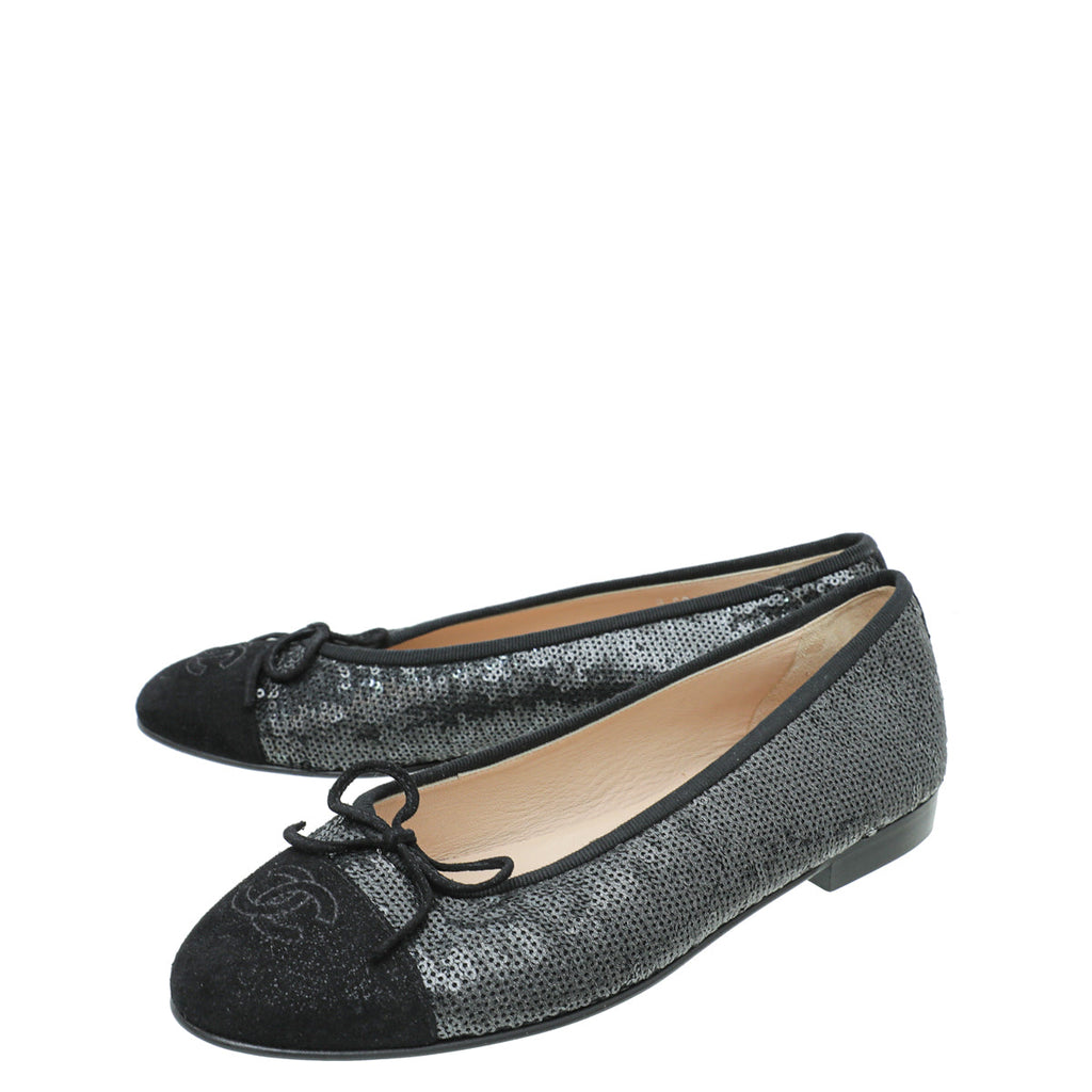 Chanel Black Suede Sequins Ballet Flats 38
