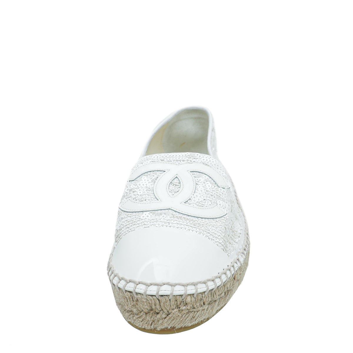 Chanel White CC Cap Toe Patent Sequin Espadrille 39
