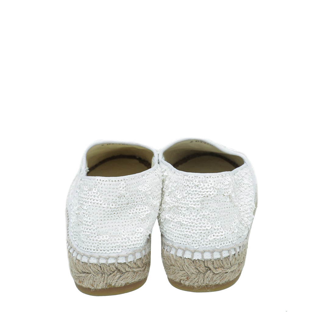 Chanel White CC Cap Toe Patent Sequin Espadrille 39