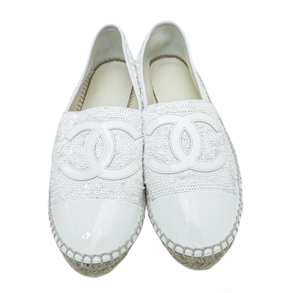 Chanel White CC Cap Toe Patent Sequin Espadrille 39