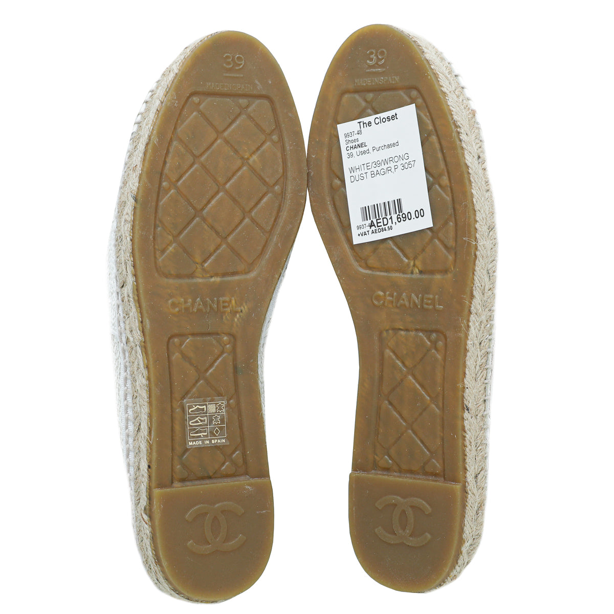 Chanel White CC Cap Toe Patent Sequin Espadrille 39