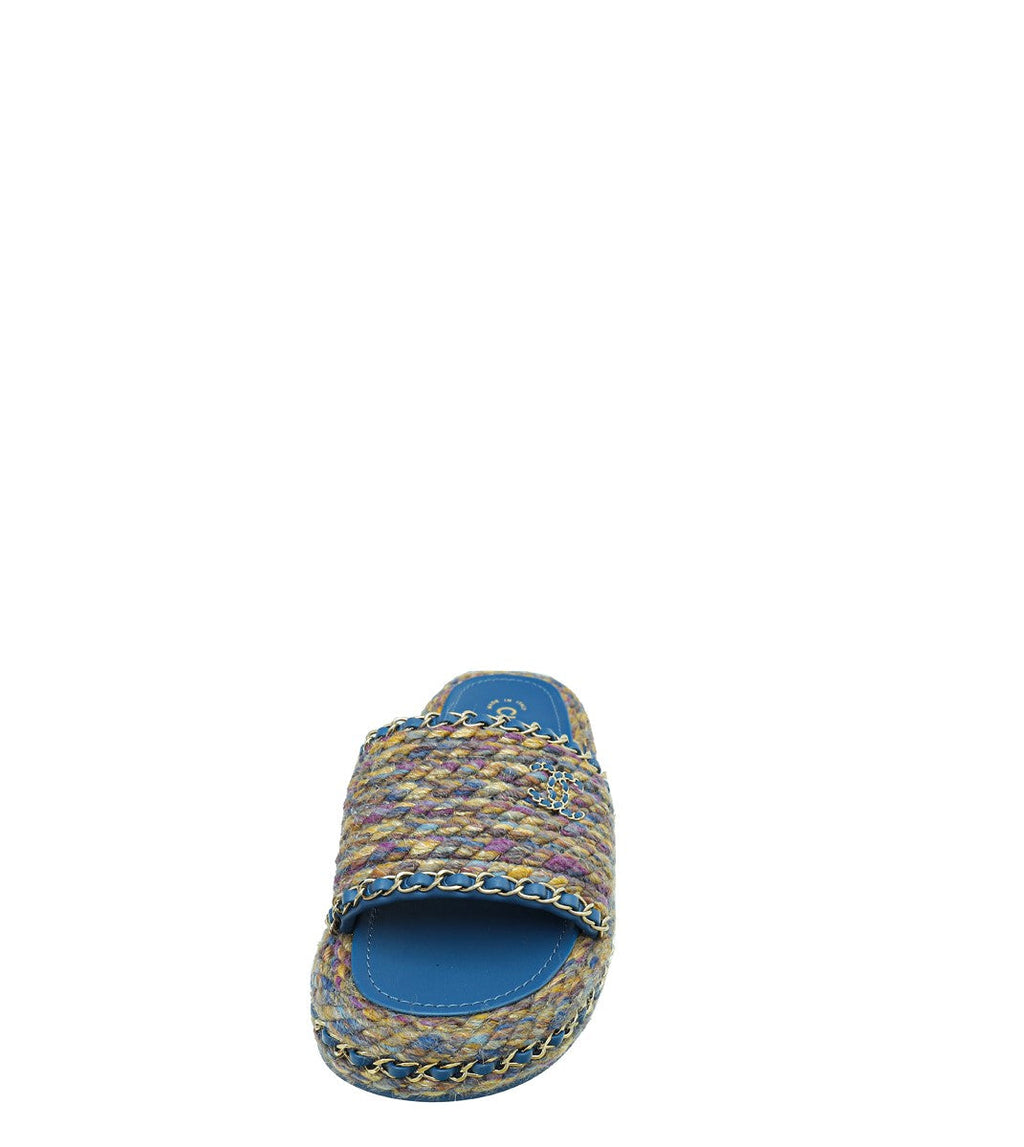 Chanel Blue Multicolor CC Braided Tweed Platform Sandals 39