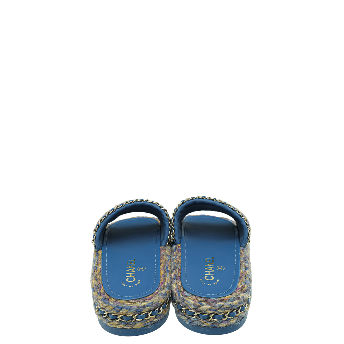 Chanel Blue Multicolor CC Braided Tweed Platform Sandals 39