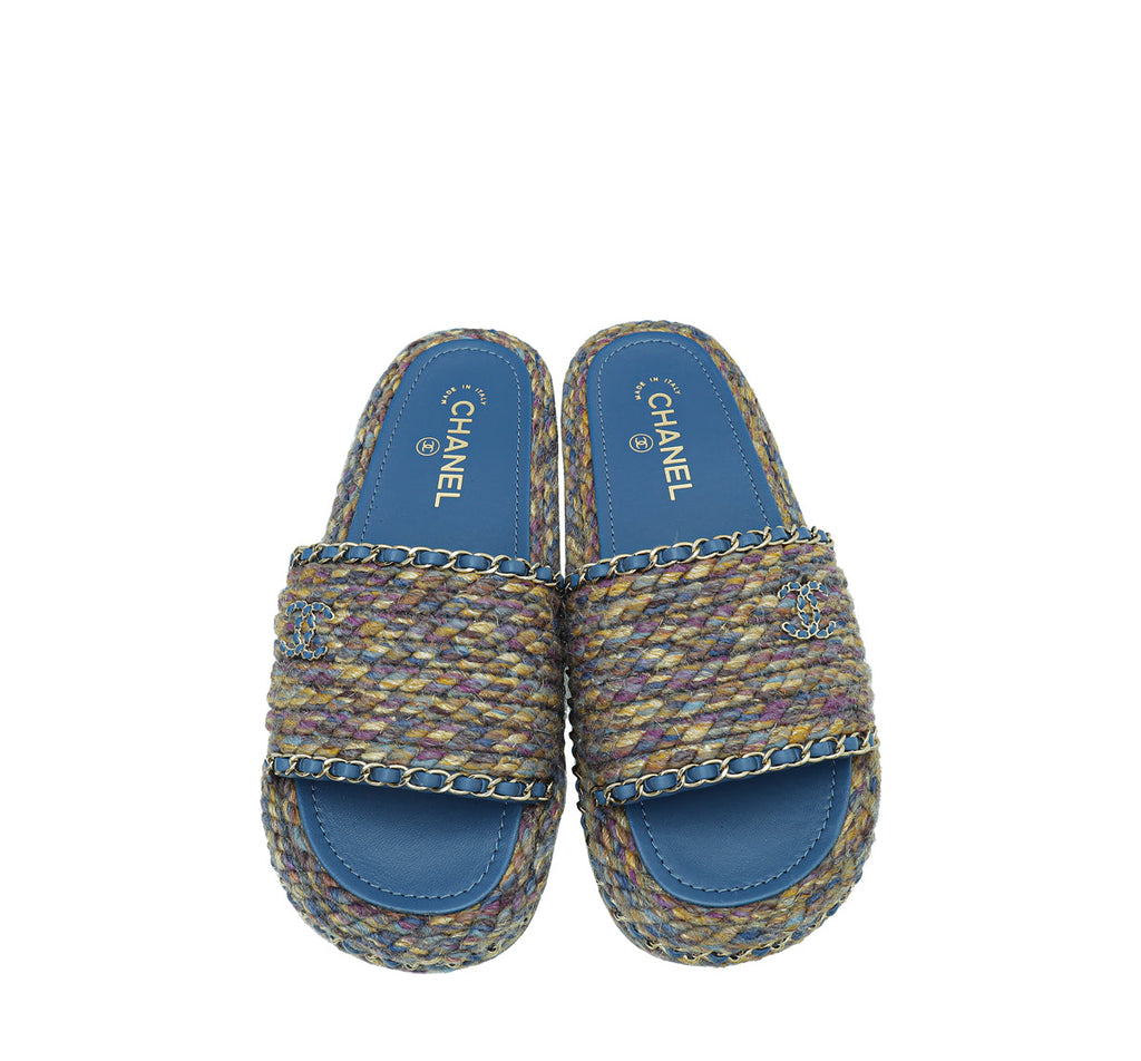 Chanel Blue Multicolor CC Braided Tweed Platform Sandals 39