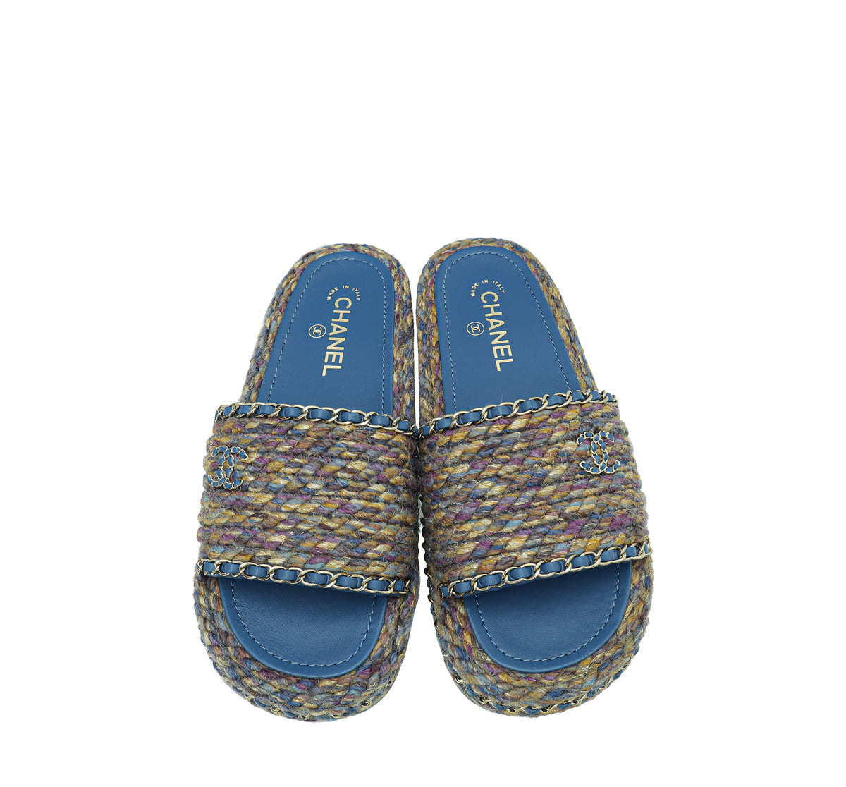 Chanel Blue Multicolor CC Braided Tweed Platform Sandals 39