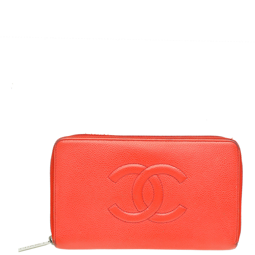 Chanel Coral Red Large Zip Around Organizer Wallet