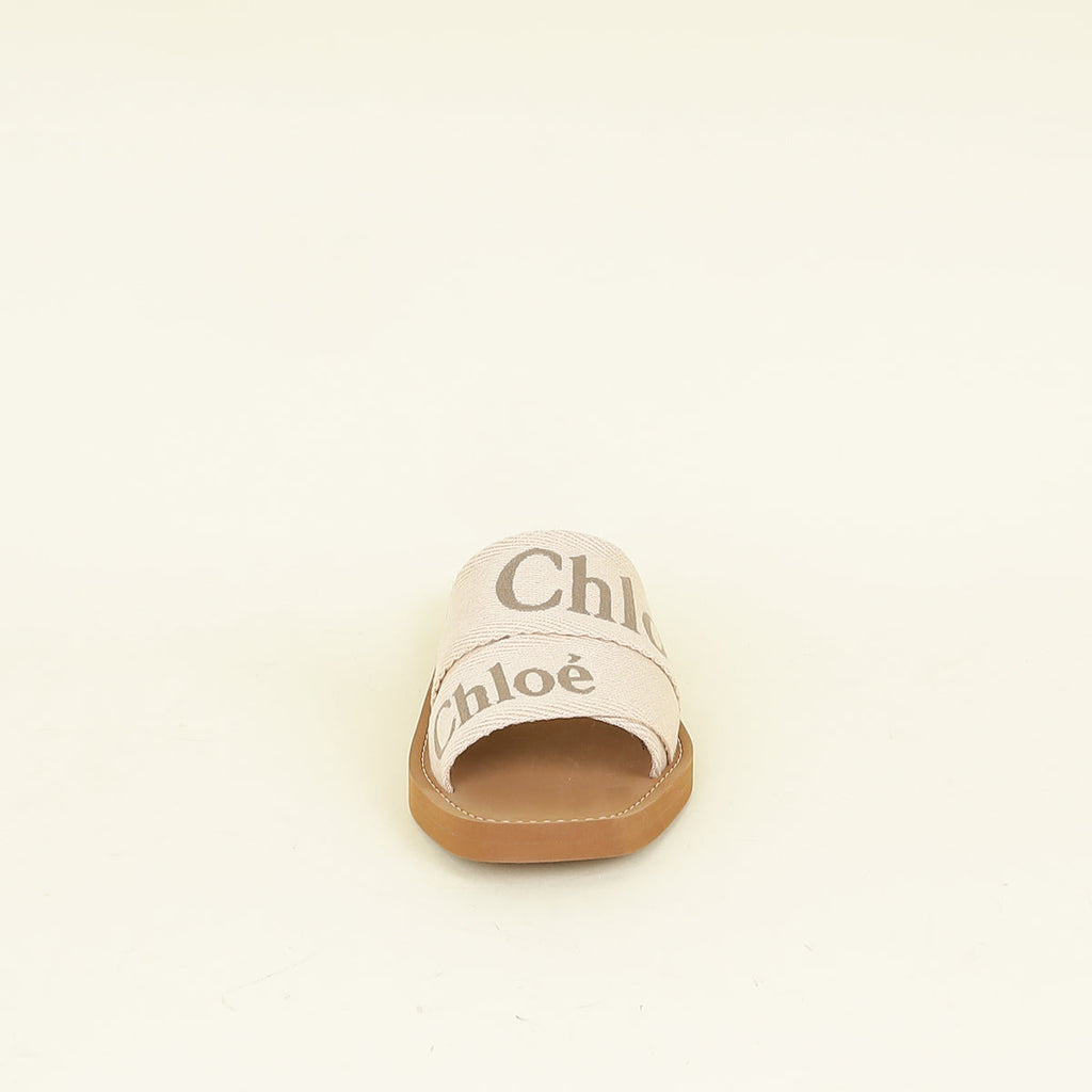 Chloe Beige Linen Woody Square-Toe Flat Sandals 38