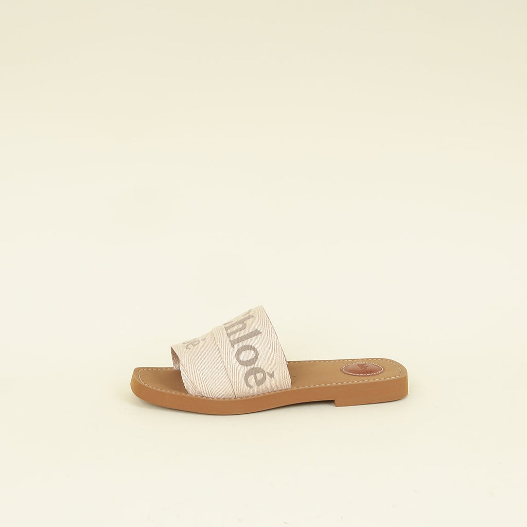 Chloe Beige Linen Woody Square-Toe Flat Sandals 38