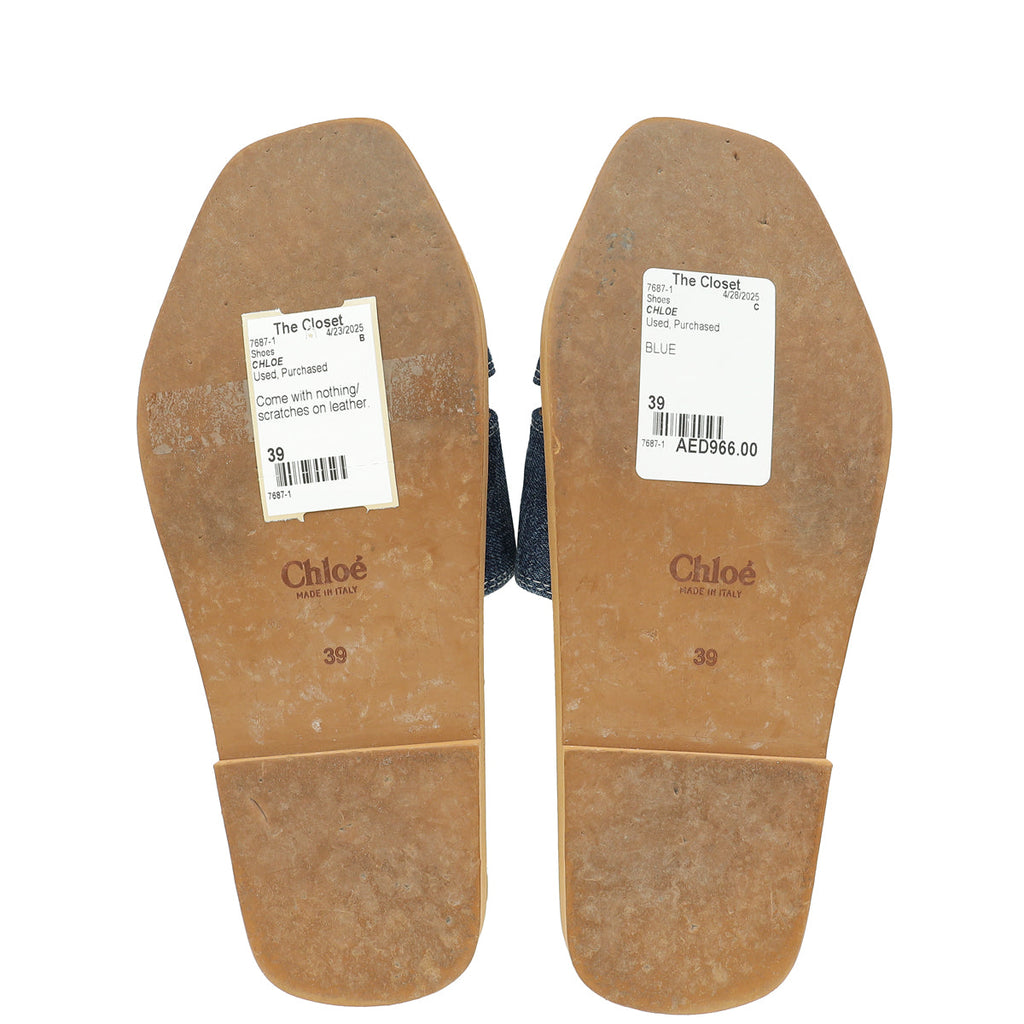 Chloe Blue Woody Logo Denim Slide Sandal 39