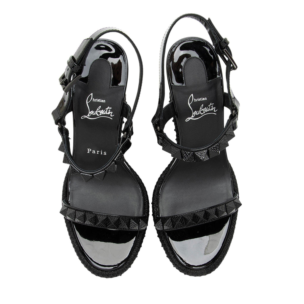 Christian Louboutin Patent Leather Spiked Pyraclou Wedge Sandals - Size 9 / 39