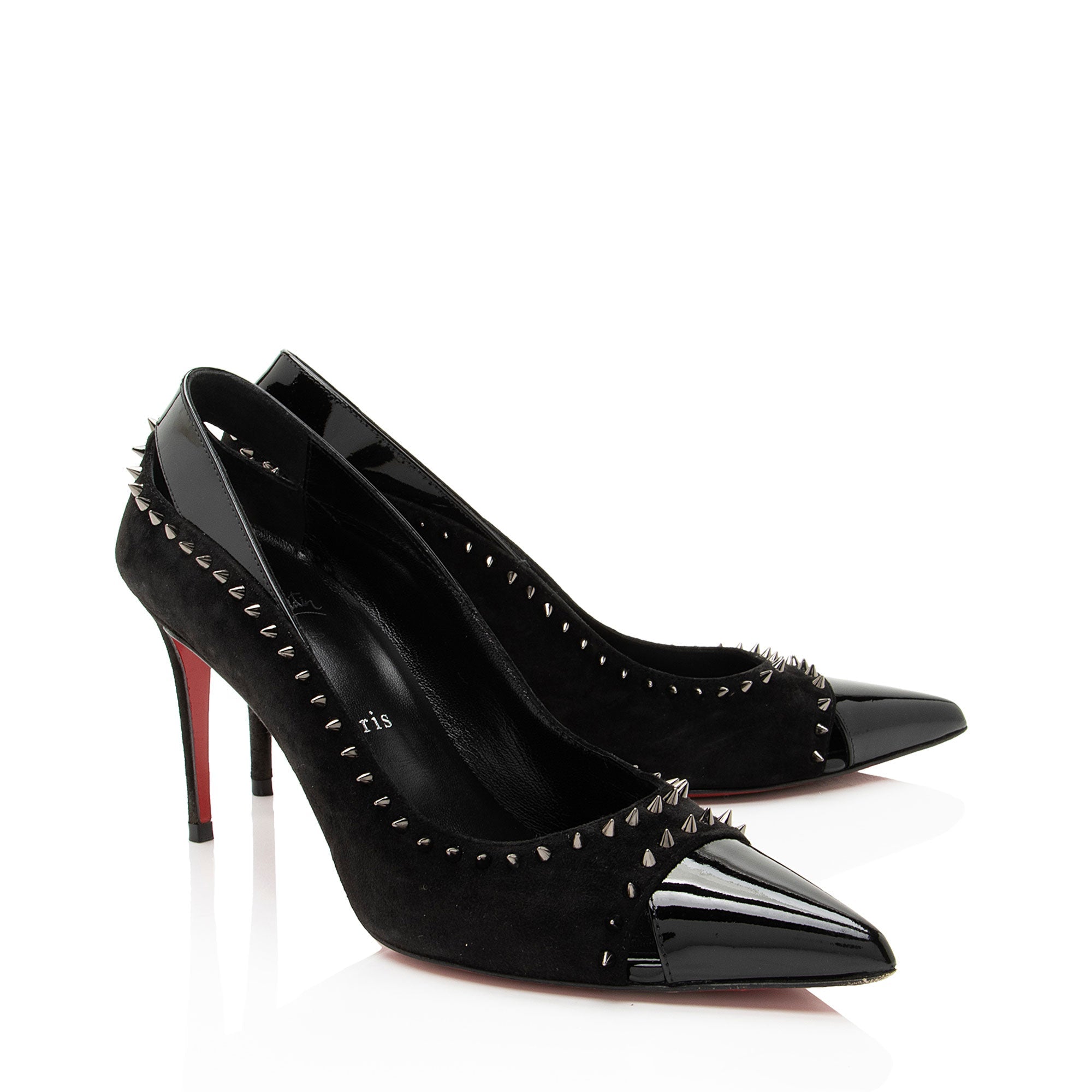 Christian Louboutin Suede Patent Leather Duvette Spikes Pumps - Size 7.5 / 37.5
