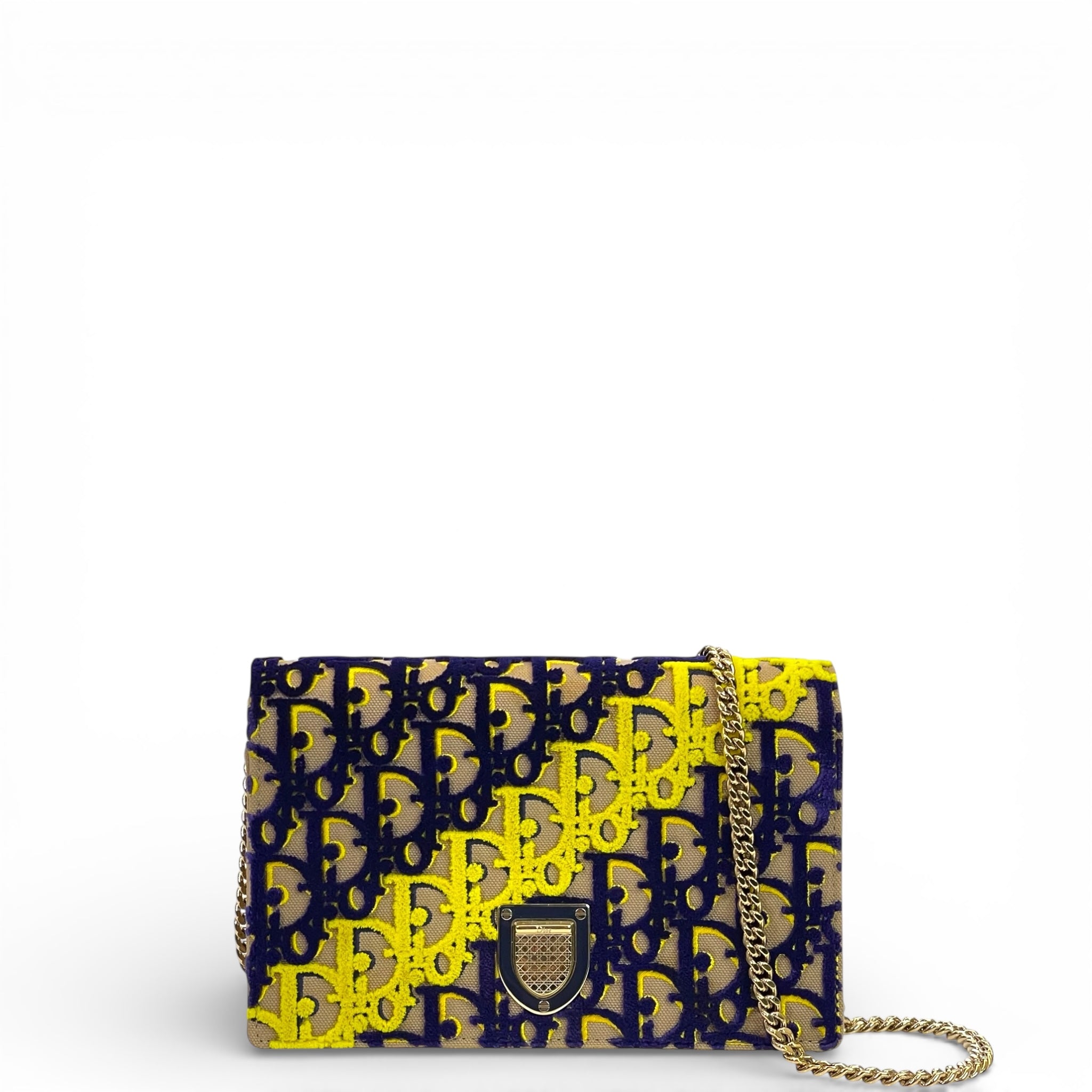 Christian Dior Diorama Wallet On Chain Blue Yellow Velvet Monogram
