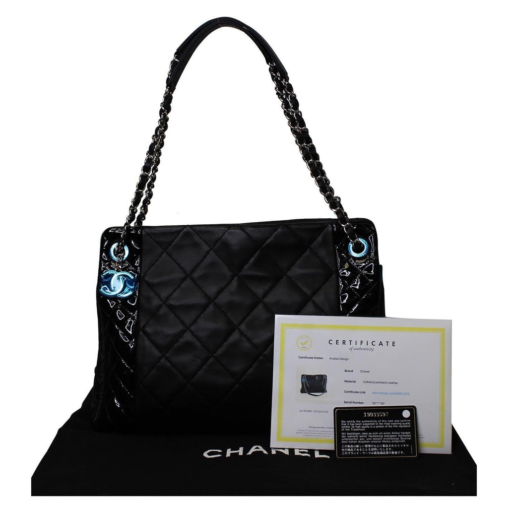 CHANEL CC Charm Quilted Lambskin Patent Leather Tote Bag Black