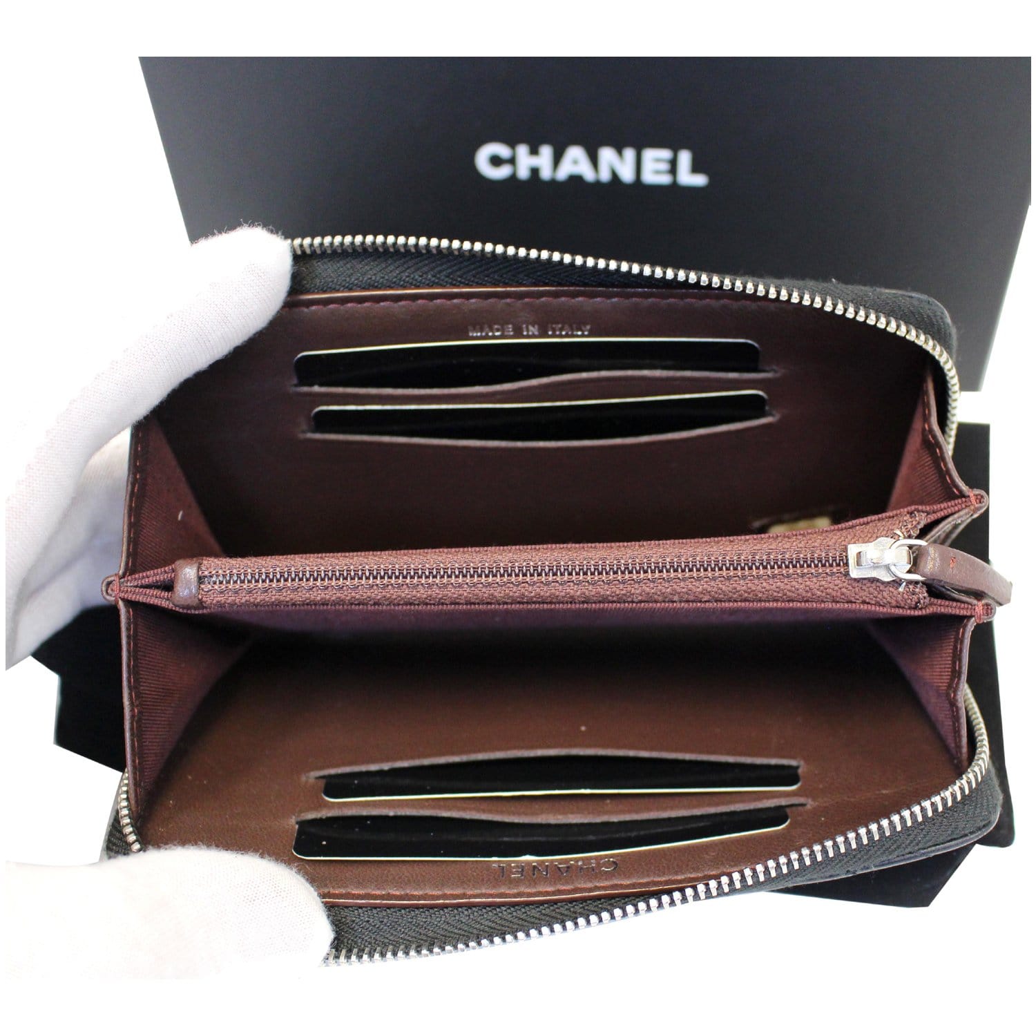 CHANEL Lambskin Chevron Zip Around Wallet Black
