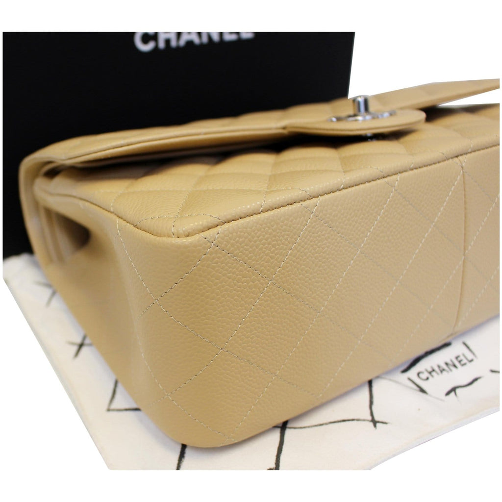 CHANEL Timeless Classic Jumbo Double Flap Caviar Leather Shoulder Bag Beige