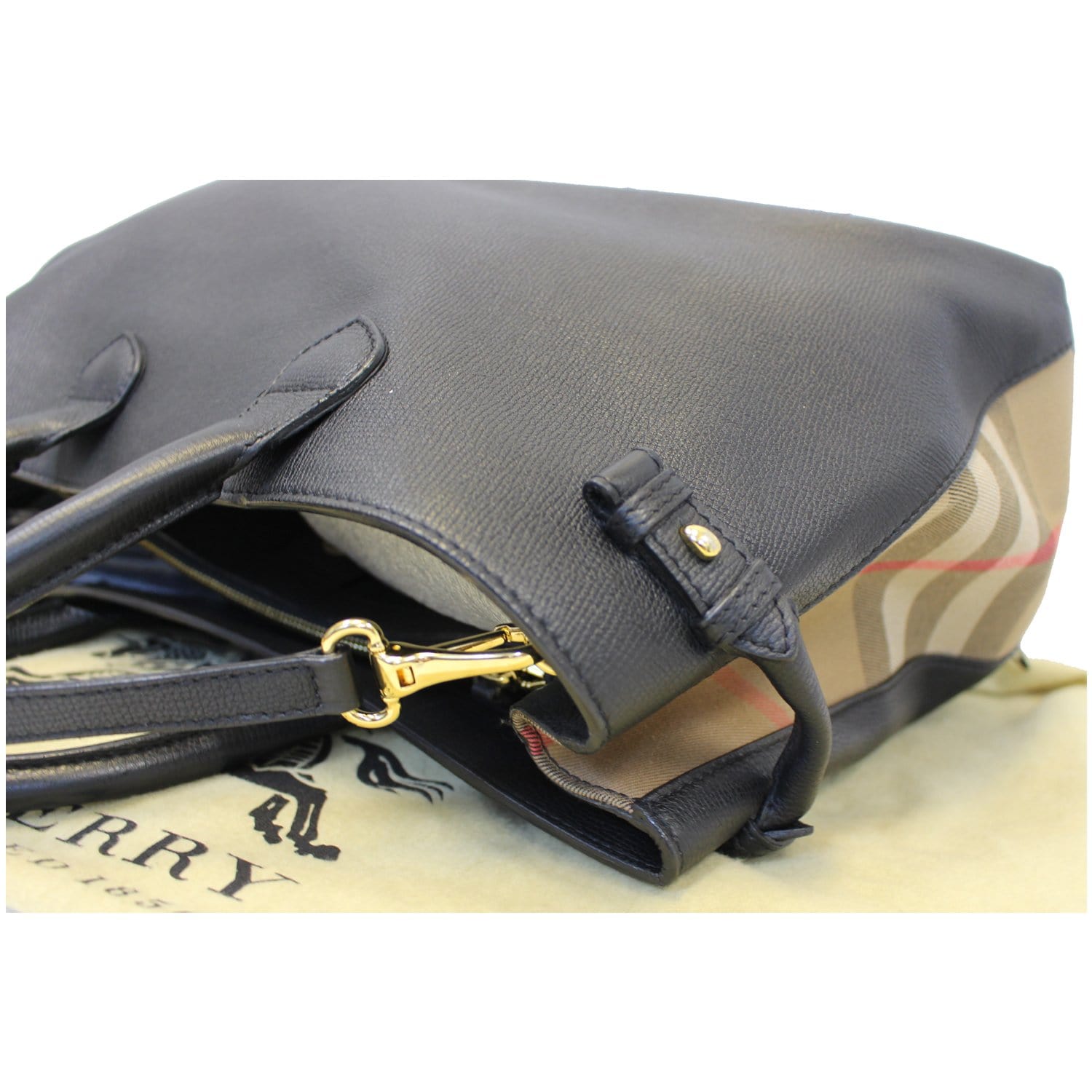 BURBERRY Large Banner Calf Leather House Check Tote Bag Black