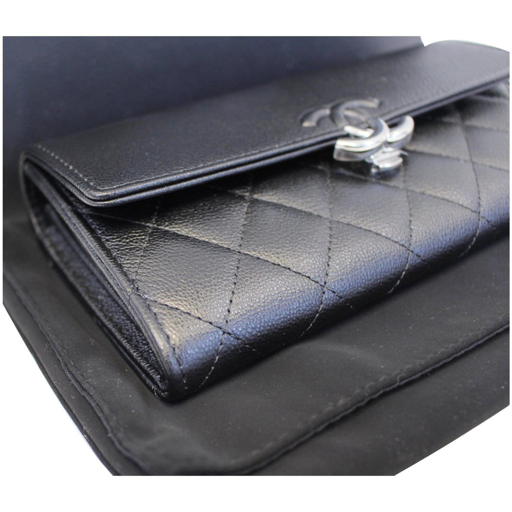 CHANEL Grained Leather Long Flap Wallet Silver-Tone Metal