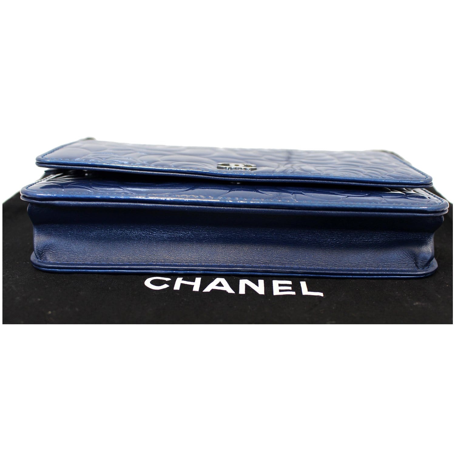 CHANEL Camellia Patent Leather Wallet on Chain WOC Royal Blue