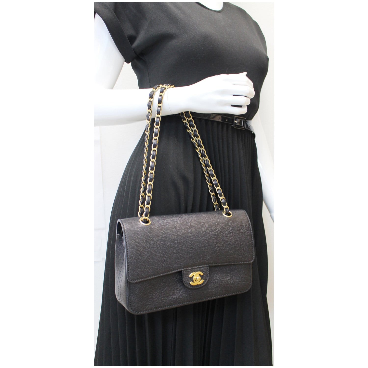 CHANEL Classic Pure Caviar Medium Double Flap Leather Shoulder Bag Black