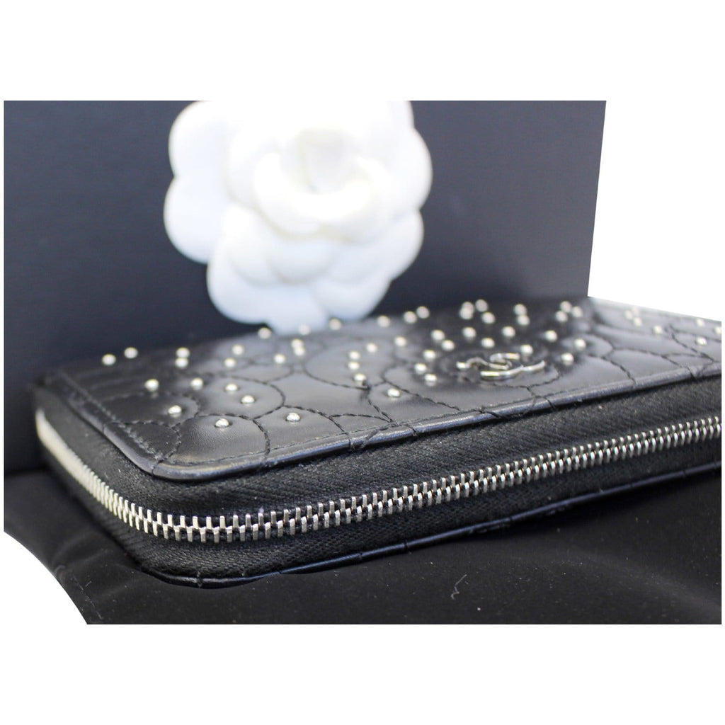 CHANEL Camellia Long Zippy studded Wallet Black
