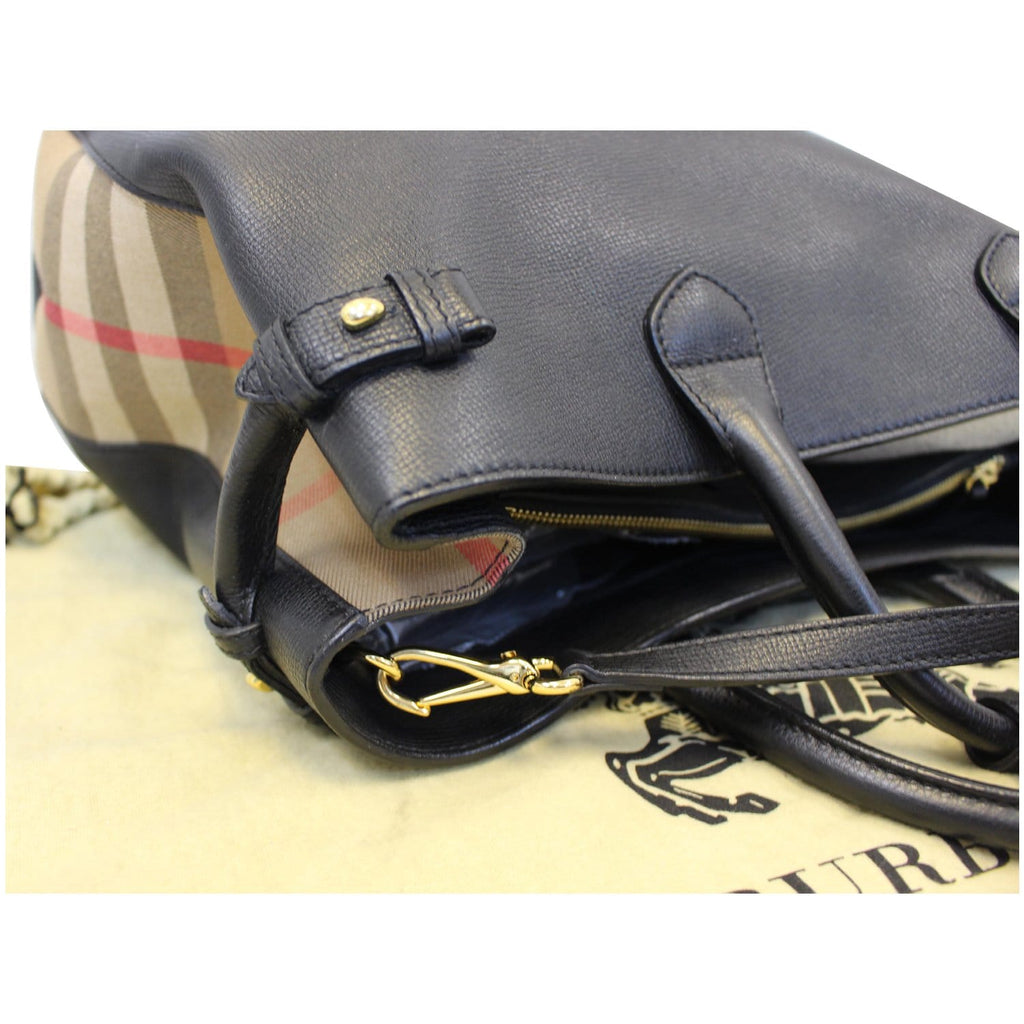 BURBERRY Large Banner Calf Leather House Check Tote Bag Black