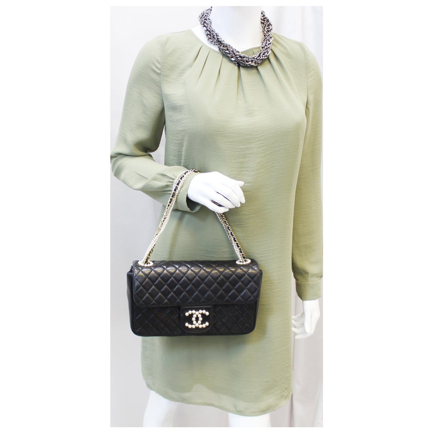 CHANEL Westminster Pearl Flap Lambskin Medium Shoulder Bag Black