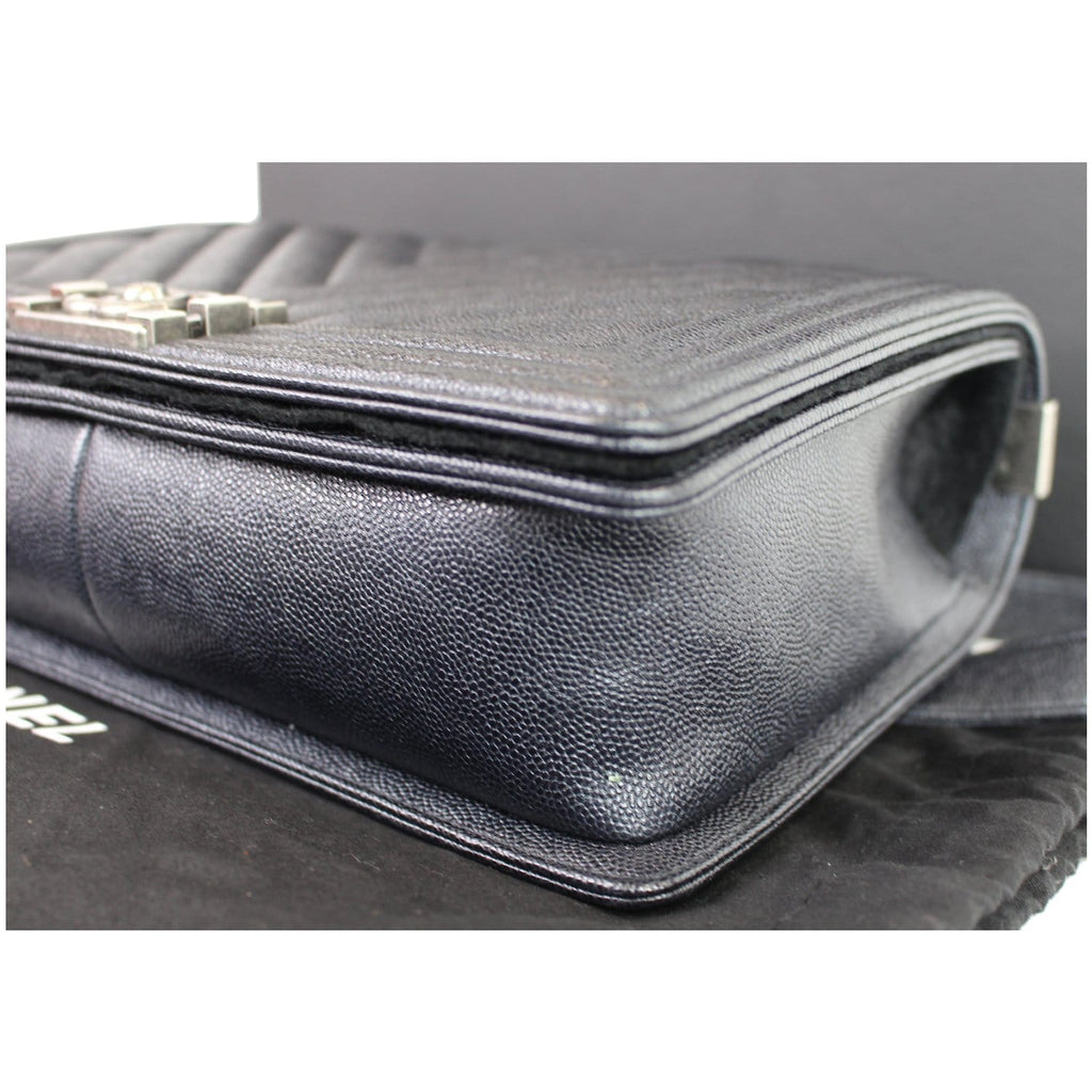 Chanel Boy New Medium Chevron Caviar Shoulder Bag Navy