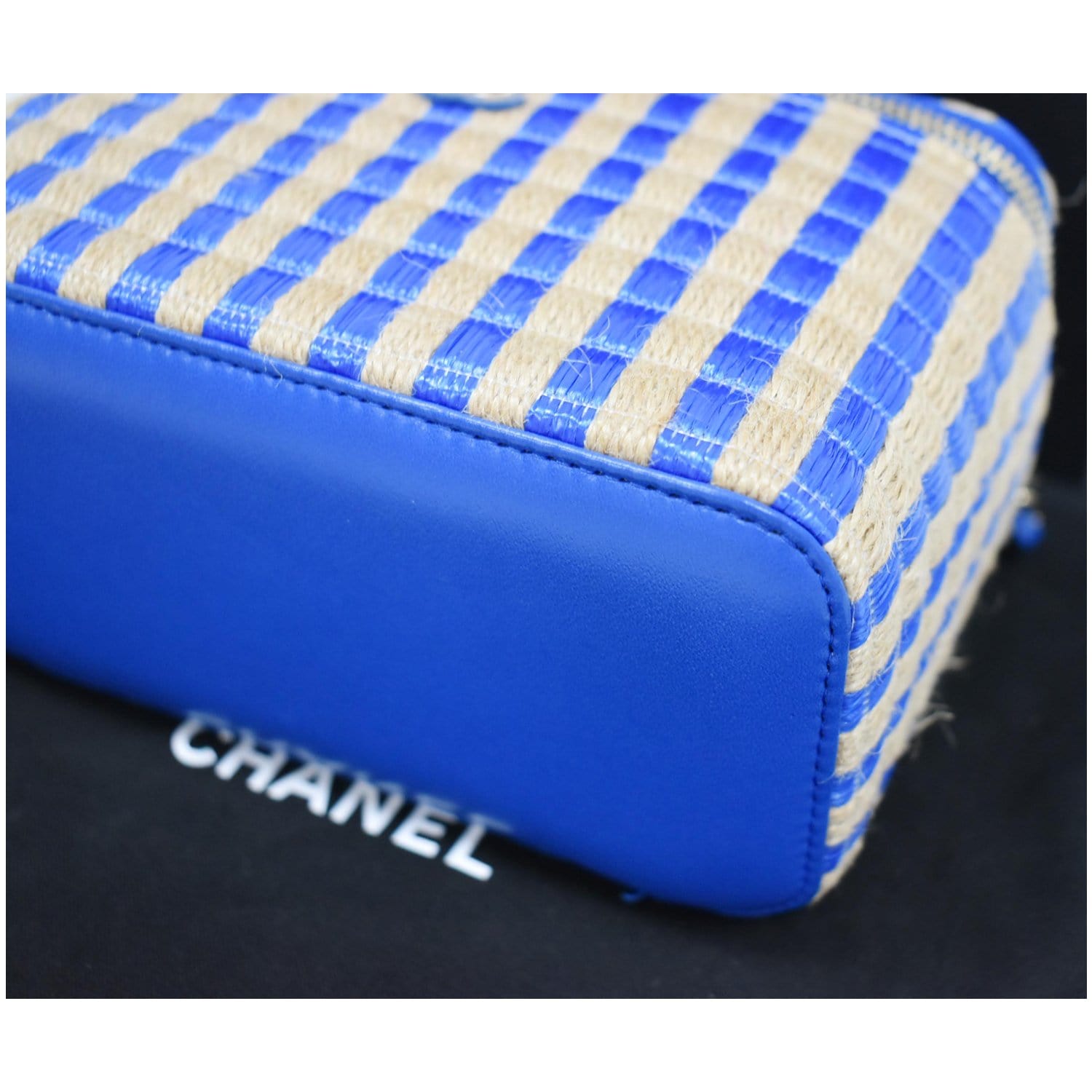 CHANEL Raffia Jute Striped Vanity Case Chain Crossbody Bag Blue - 10% OFF