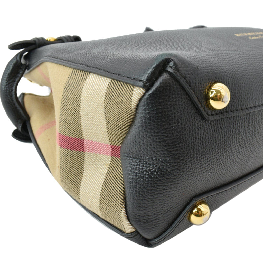 BURBERRY Derby Banner Small House Check Leather Tote Shoulder Bag Black