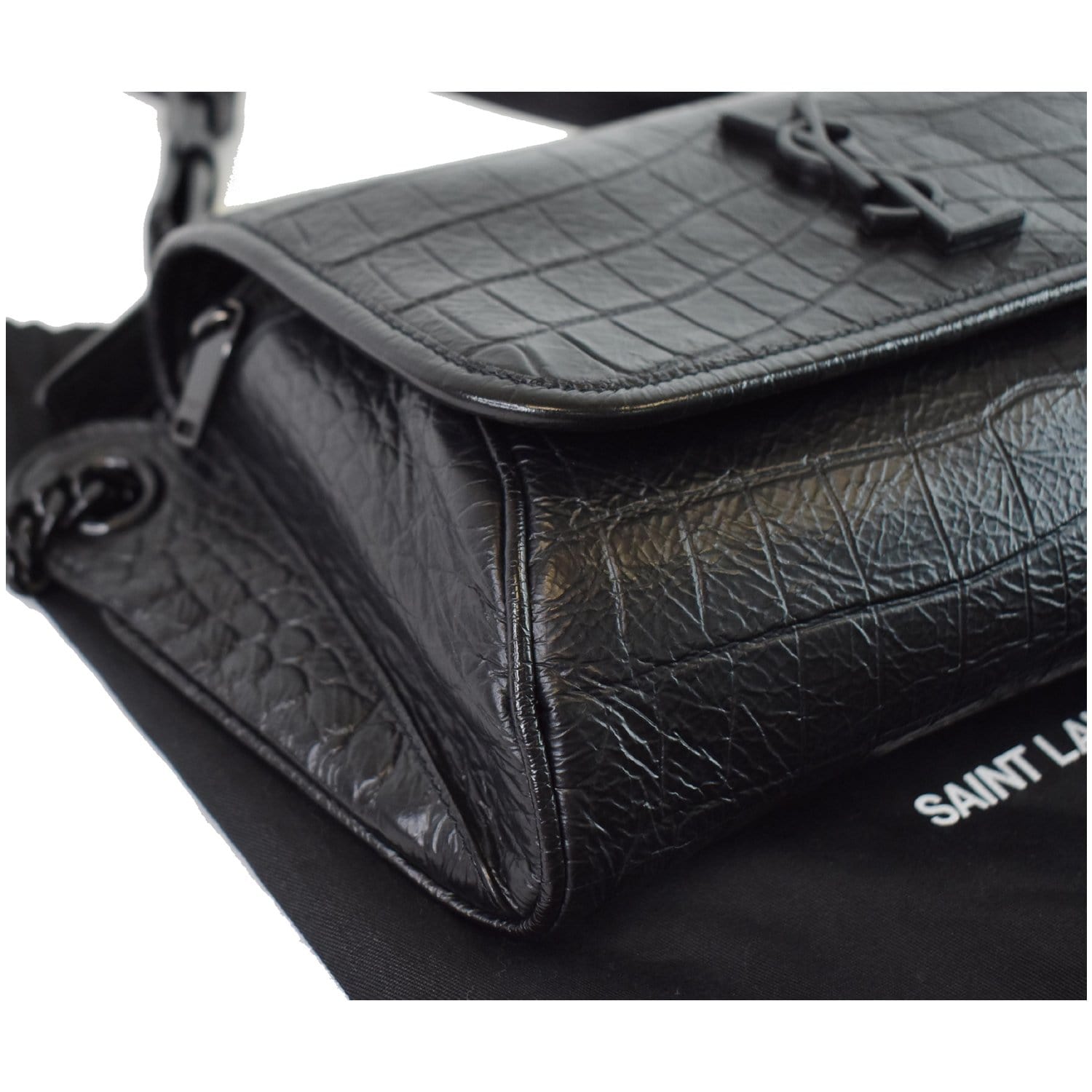 YVES SAINT LAURENT Niki Croc Embossed Leather Shoulder Bag Black