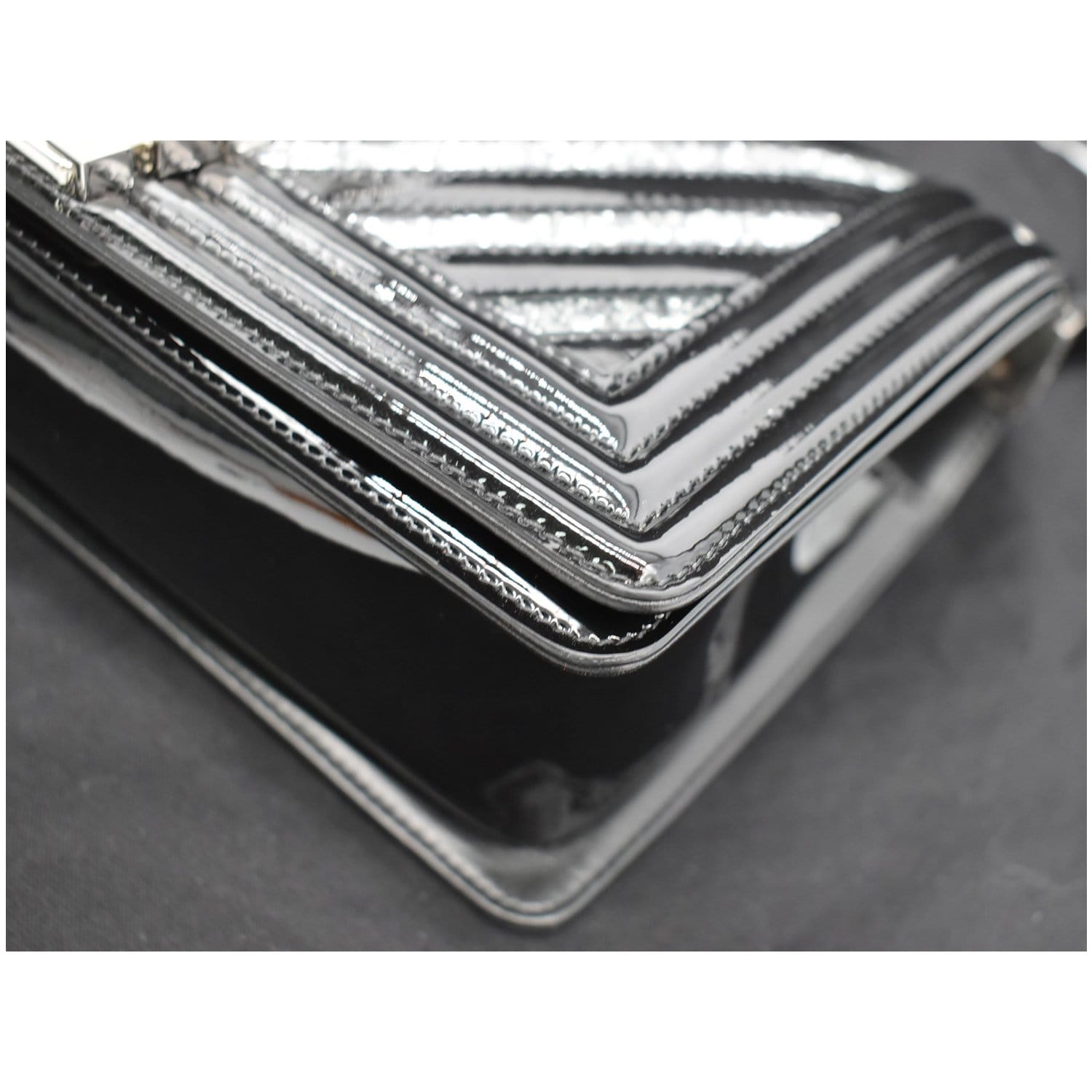 CHANEL Medium Boy Chevron Patent Glitter PVC Shoulder Bag Black