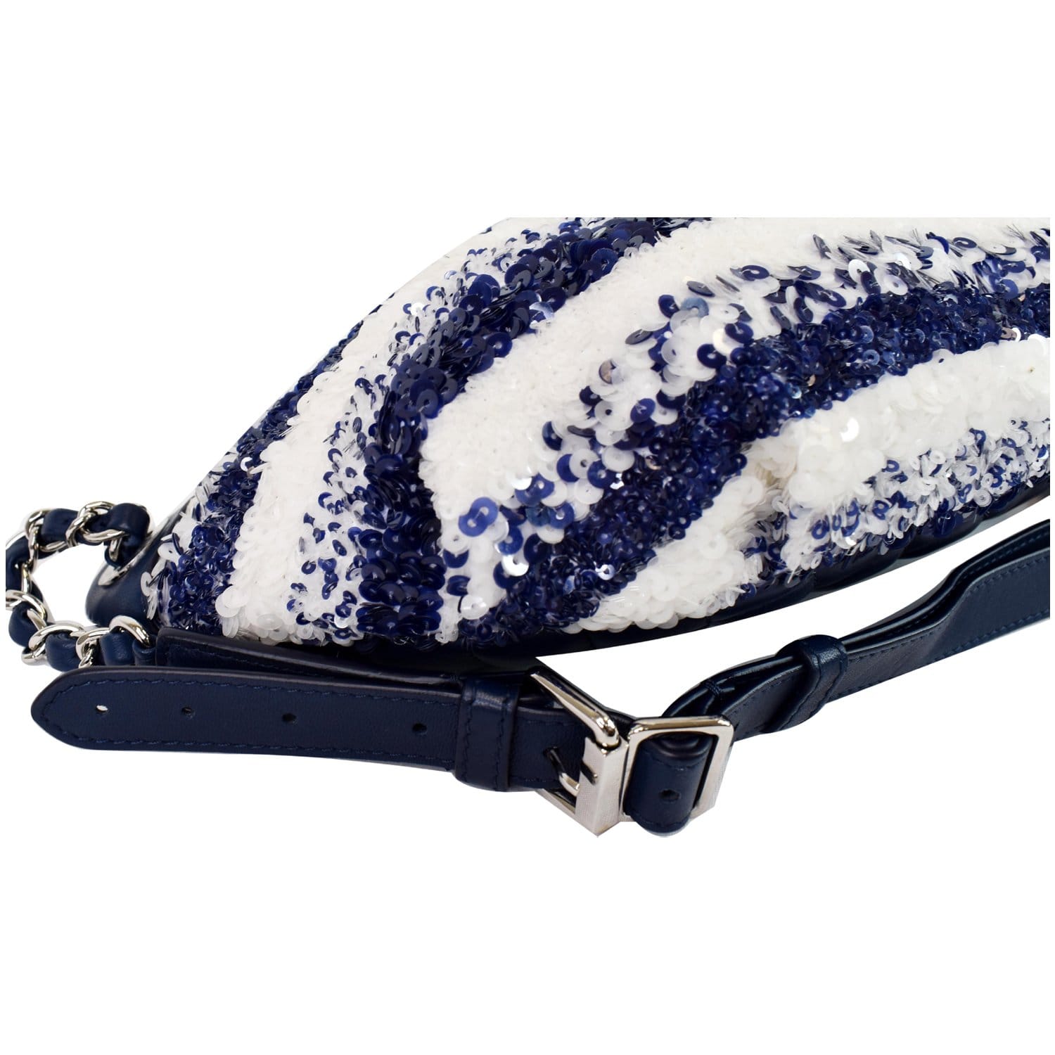 CHANEL Sequin Fanny Pack Leather Waist Bag Blue/White