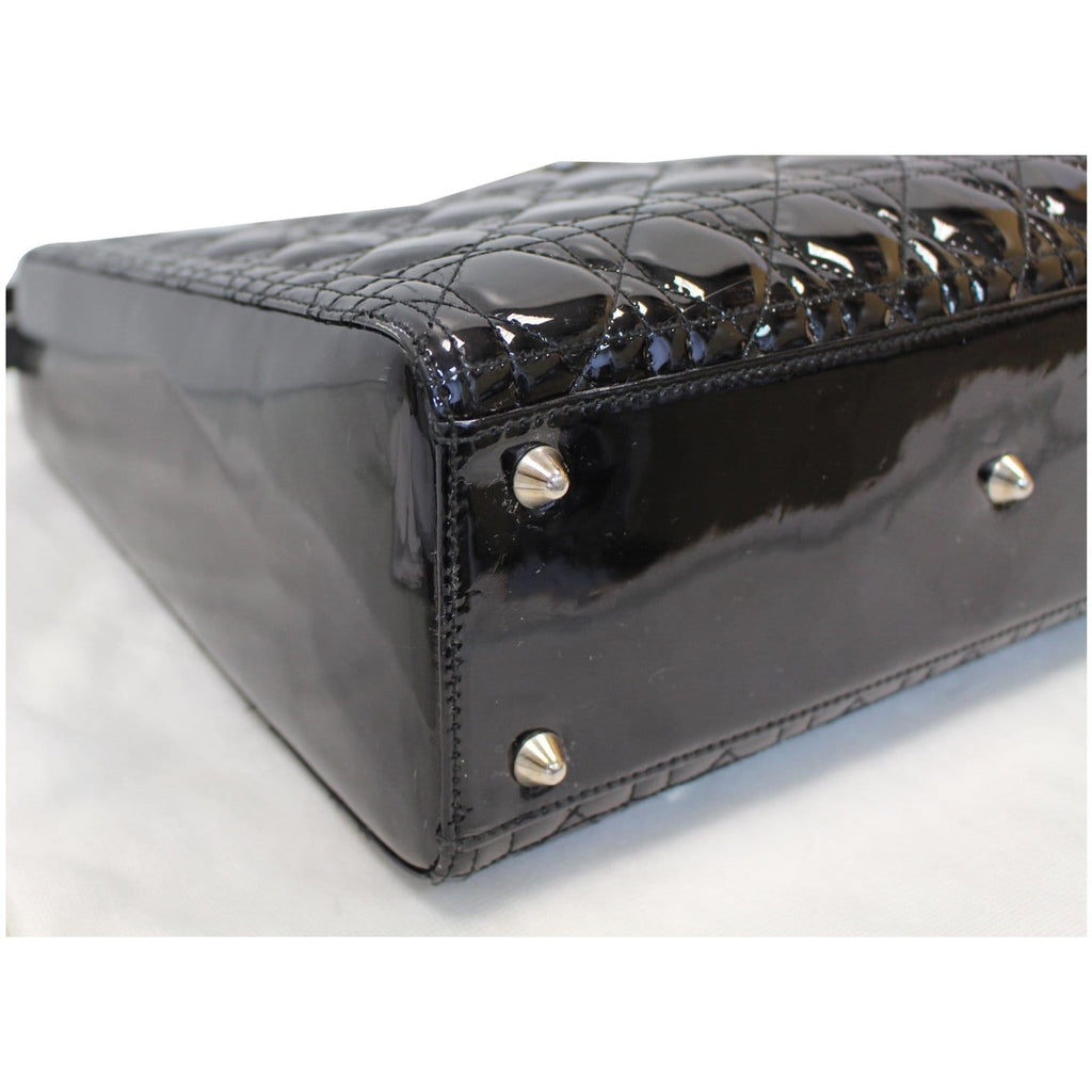 CHRISTIAN DIOR Lady Dior Large Quilted Patent Leather Shoulder Bag Black