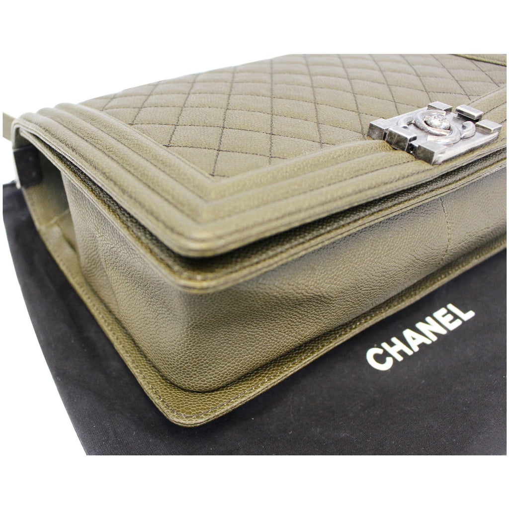 CHANEL Medium Boy Flap Caviar Leather Shoulder Bag Olive Green