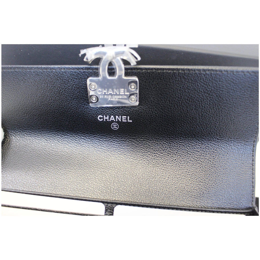 CHANEL Grained Leather Long Flap Wallet Silver-Tone Metal